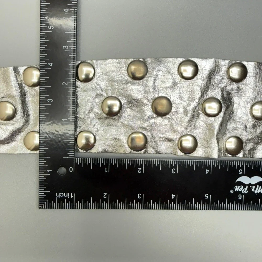 VTG Wide Silver Tone Leather Studded Snap Belt 39